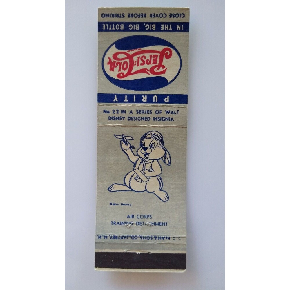 Pepsi Cola Matchbook Cover Walt Disney #22 Thumper Rabbit Air Corps Plane 1940's